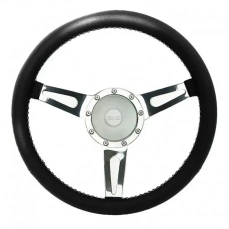 "Exmoor Williams" White stitch steering wheel 15 inches - silver boss