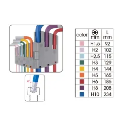KING TONY-20109MW 9 PC. Color Coded Extra Long Arm Ball Hex Key Set